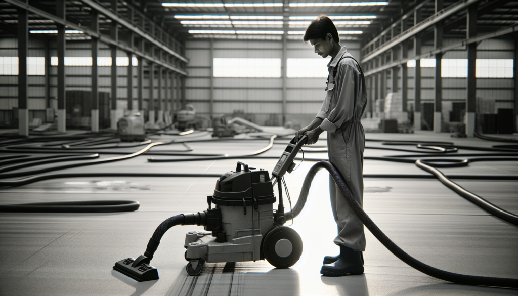 A worker is using an industrial vacuum cleaner to clean the floor